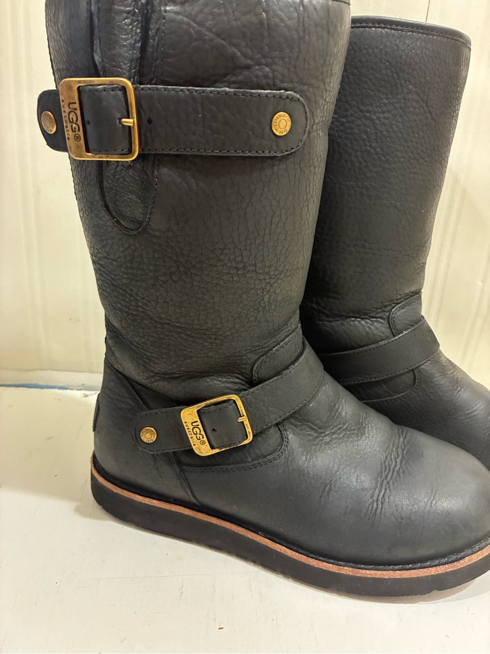 UGG Black Leather Mid-Calf Buckle Riding Boots